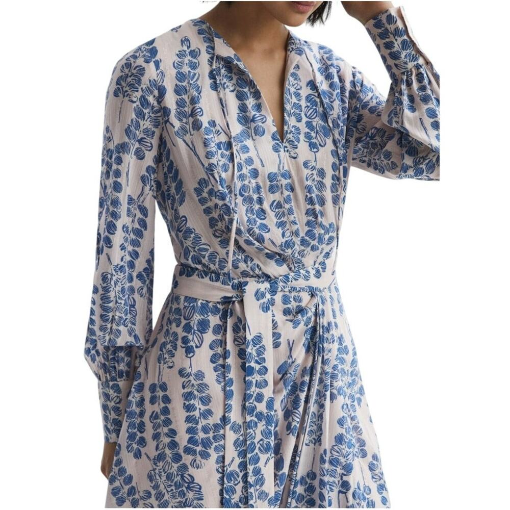 Reiss Marnie Lurex Printed Belted Long Sleeve Mini Dress in Blue/Pink, Size 2